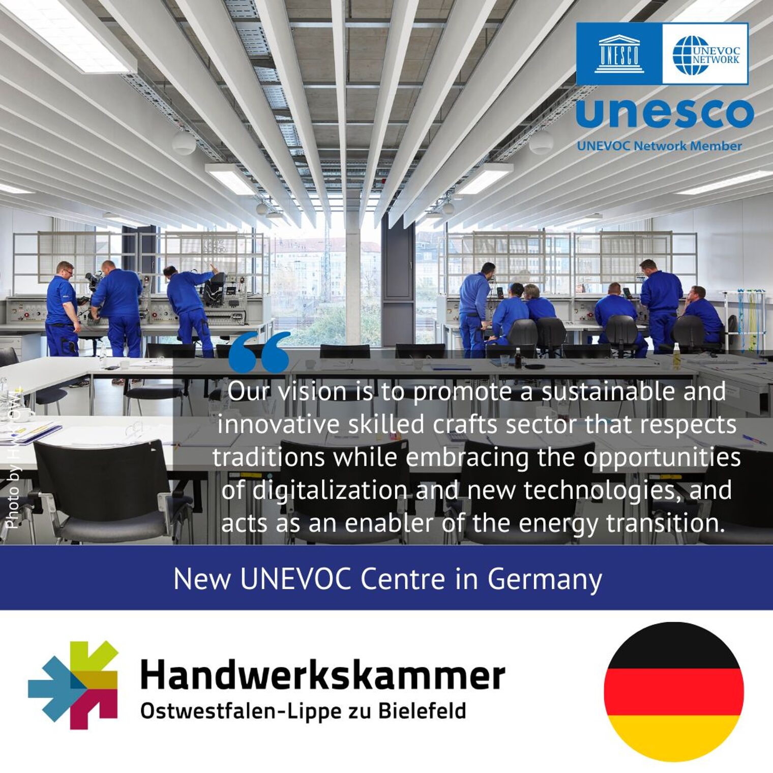 Auszubildende in einer Elektrowerkstatt der Handwerkskammer OWL zu Bielefeld. Die HWK OWL wird als Mitglied des UNESCO-UNEVO Netzwerks präsentiert.