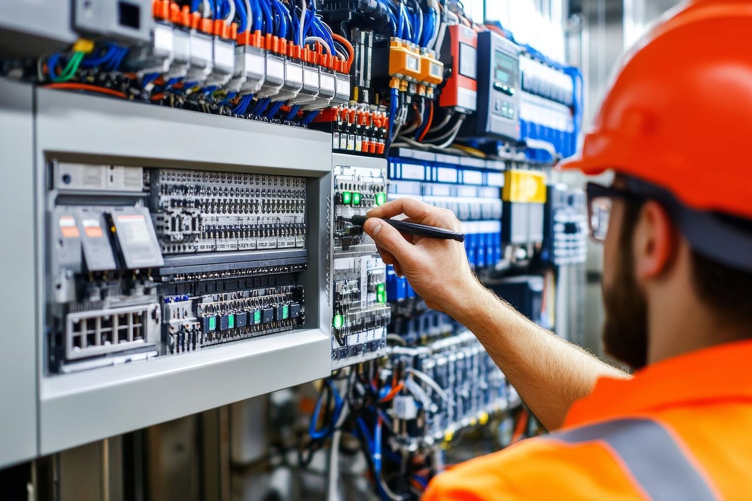 Industrietechniker in orangefarbener Schutzkleidung und Helm arbeitet an einem Schaltschrank mit SPS-Steuerung und zahlreichen Kabelverbindungen