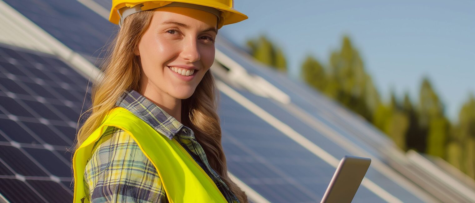 Eine Frau mit Schutzhelm steht an einer PV-Anlage und hält ein Tablet in den Händen